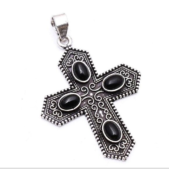 925 Sterling Silver Cross Black ONYX Necklace Leather Gemstone Unisex jewelry - Picture 4 of 16